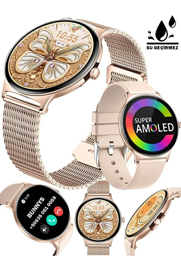 Huawei Mate 70 Uyumlu Şık Kadın Akıllı Saat – Su Geçirmez, Yuvarlak Çelik Kasa, Metal Kordon